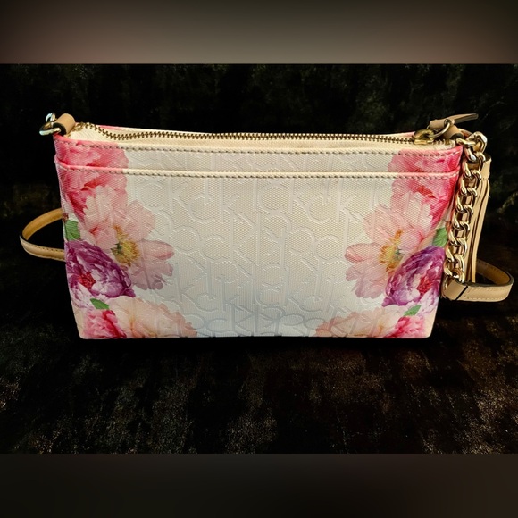 Calvin Klein Floral Embossed Leather Tassel Crossbody Bag 11”x6”x2” - Picture 2 of 7